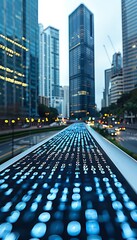 A vibrant cityscape during dusk showcases towering skyscrapers. In the foreground, blue digital data streams illuminate a sleek surface, reflecting the modern urban environment and busy streets.