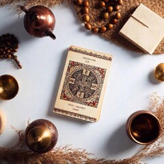 A flatlay image capturing a Polish Wigilia table with a split diopter effect, emphasizing both the close-up details of religious symbols such as a crucifix and prayer cards, and the wider scene of