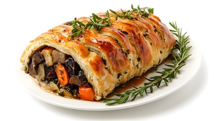 Savory vegetable wellington with golden puff pastry and herb garnish