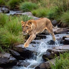 A macro photo of a lion leaping over a small stream, deep focus on the motion and musculature, high-angle shot capturing its full body mid-air, highlighting the dynamic action and strength of the lion