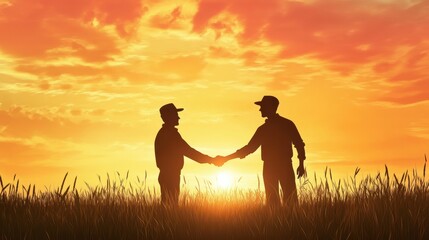 silhouettes of two farmers in a field shaking hands as a sign of a successful deal