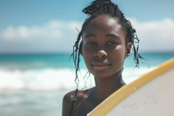 Smiling portrait of a female African American surfer