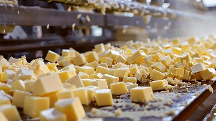 Aufkleber - This Freshly cut cheese pieces cover a conveyor belt in a bustling dairy facility.