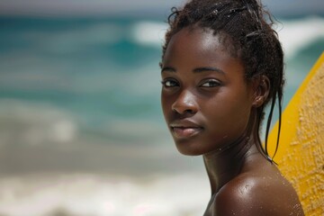 Smiling portrait of a female African American surfer