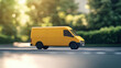 © Keopaserth - bright yellow delivery van parked on sunny street, surrounded by lush greenery, symbolizes efficient parcel delivery. vehicles sleek design stands out in vibrant environment