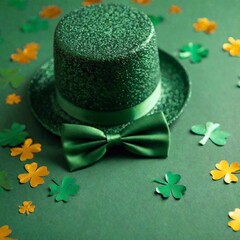 A macro flatlay of Green hat, bow tie, St Patricks Day shamrocks, golden confetti, without any text