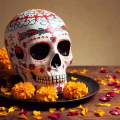 skull with flowers on a red background