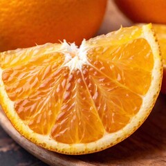 detailed close-up of an orange's segments, showing the juicy interior in sharp focus from above while the peel and background gently blur out