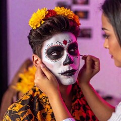 young Latina woman applying sugar skull face paint on a young Latino man cheek, colorful paint detailed in shallow focus