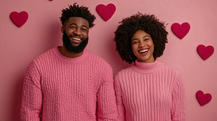 Happy couple in matching pink sweaters holding hands and laughing, surrounded by heart-shaped decorations Valentine's Day playful romance 