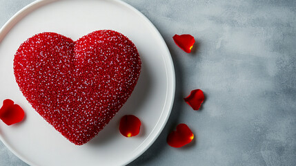 Wall Mural - Top view of a red velvet heart-shaped cake on a white plate, with sparkling sugar and rose petals scattered around St Valentine's Day dessert 