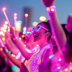 Wall Mural - Spectators waving LED wands, cheering for performers in light-filled costumes