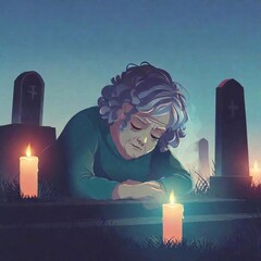 Grave Candlelight, old woman with grey hair softly illuminated by flickering light of candle in cemetery during Dia de los Muertos, vector painting illustration