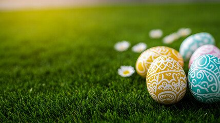 Wall Mural - Brightly colored Easter eggs with intricate floral patterns scattered on green grass with soft sunlight and daisy flowers Easter background 