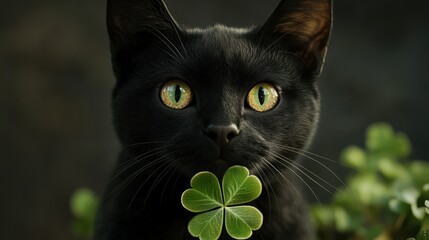 Black cat with four leaf clover Lucky clover good luck or bad luck