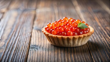 red caviar in a round tartlet on a wooden background