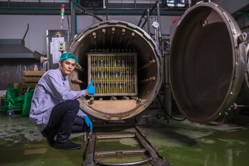 Worker Checking quality or checking stock of glass bottle in beverage factory. Worker QC working in a drink water factory