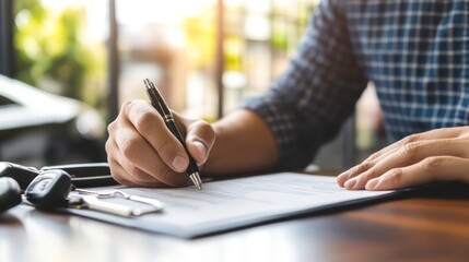 Aufkleber - A person signing a document with a pen, with car keys on the table.