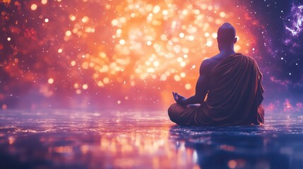 A meditating monk sits in lotus pose against a backdrop of a starry night sky.