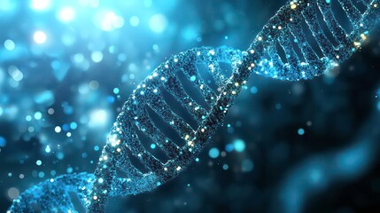 Poster - A 3D illustration of a sparkling blue DNA double helix against a blurred blue background.