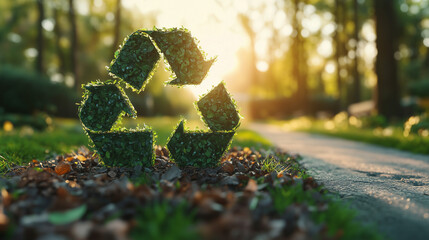 A green recycling symbol made of plants is on the ground