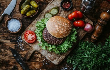 Poster - Delicious burger with fresh ingredients on a wooden cutting board ready for enjoyment