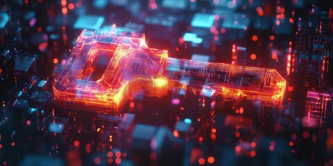 Wall Mural -  Bright red glowing digital key on a circuit board, symbolizing secure access, encryption, and cybersecurity in a high-tech world.