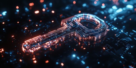 Wall Mural -  Transparent digital key glowing in neon lights, symbolizing secure access and cybersecurity in a high-tech environment.