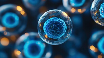 Poster - A close-up shot of a microscopic view of a cell. The cell is in focus and appears to be glowing blue. There are other cells out of focus in the background.