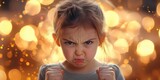 Little girl with clenched fists and scrunched face expresses anger, showing a strong emotional reaction, possibly in frustration.