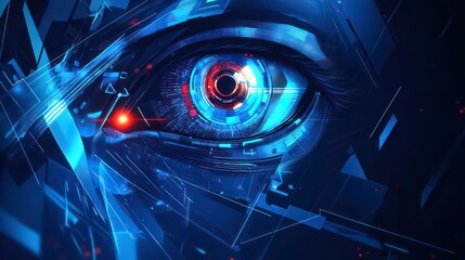 A close-up of a futuristic eye with glowing blue and red colors.