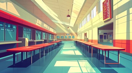 Poster - Empty Hallway with Red Tables and a Bright Ceiling.