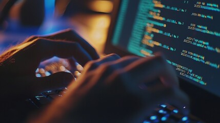 Close-up of hands typing on a keyboard, with lines of code visible on the computer screen