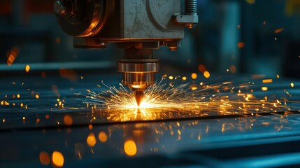 Poster - Closeup of a laser cutter cutting through metal with sparks flying.