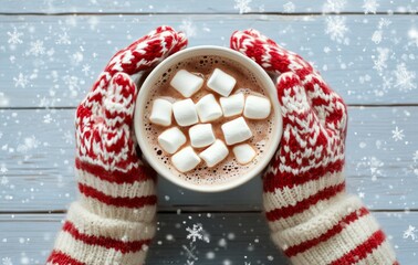 Sticker - Warm hands holding a cozy mug of hot chocolate topped with fluffy marshmallows in winter setting