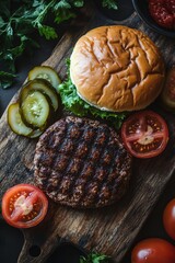 Wall Mural - Juicy grilled hamburger on a rustic wooden board with fresh vegetables and herbs