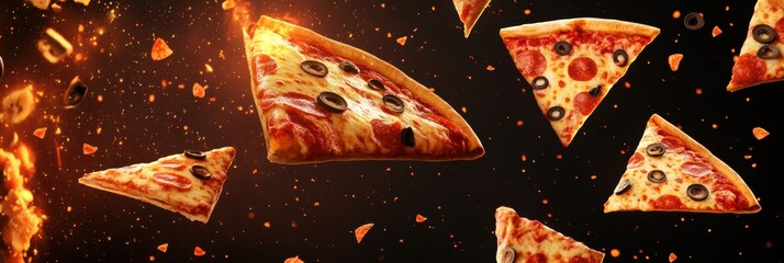 Poster - Floating pizza slices create a lively atmosphere, offering a fun visual for food events, promotions, or casual gatherings. Generative AI