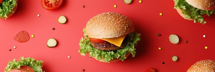 Poster - Fresh burger ingredients like lettuce, tomatoes, cheese, and meat are scattered on a bright red background awaiting assembly. Generative AI