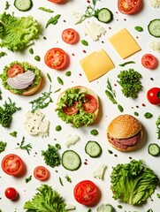 Aufkleber - A colorful assortment of burger ingredients like lettuce, tomatoes, cheese, and meat is artistically laid out, showcasing freshness. Generative AI