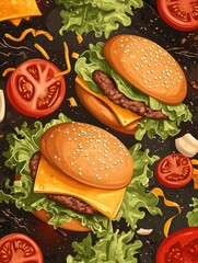 Aufkleber - Freshly prepared burger ingredients are scattered on a dark background, featuring bright lettuce, juicy tomatoes, cheese, and flavorful meat. Generative AI