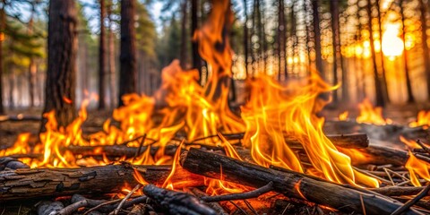 Wall Mural - Crackling campfire flames in forest during golden hour