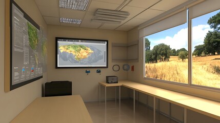 Sticker - Modern Office Interior with a View of a Field and Forest.