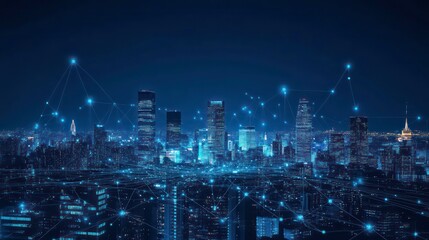 Aufkleber - A futuristic cityscape illuminated by glowing lines, symbolizing technological connectivity and urban development.