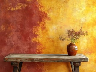 Canvas Print - Rustic Painted Wall with Matching Autumnal Decor: Golden Yellow, Deep Red, and Rustic Orange Color Washed Technique