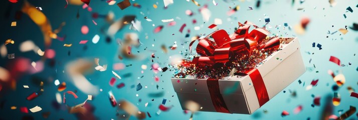Poster - A vibrant gift box erupts with confetti and ribbons, creating a festive atmosphere full of joy and surprise during a celebration. Generative AI