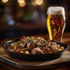 Wall Mural - a piece of meat on a table and a glass of beer