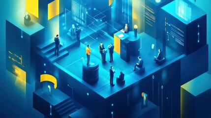 Poster - Isometric illustration of a futuristic cityscape with people interacting in a digital environment.