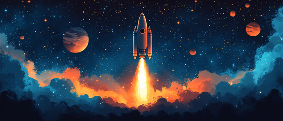 Poster - rocket launch through the stars and planets in a digital art illustration