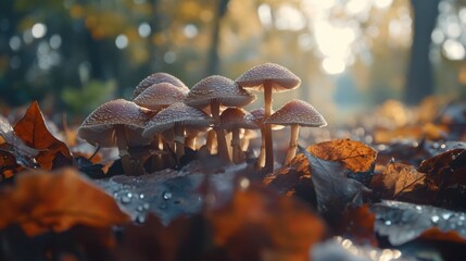 A group of mushrooms emerging from a pile of autumn leaves, their caps moist with dew in the early morning light.