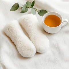 A pair of fluffy slipper socks next to a cup of herbal tea, setting the scene for self-care